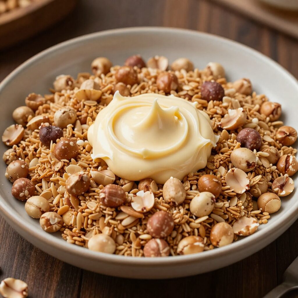 접시에 담긴 시리얼과 땅콩버터로 만든 바삭한 강정