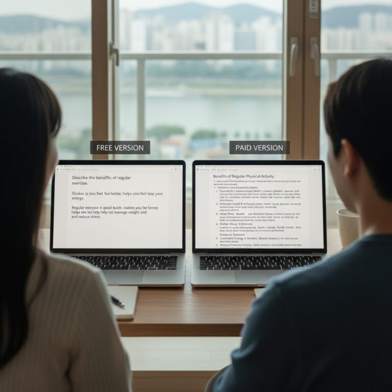 챗GPT 무료 버전과 유료 버전의 답변 품질 비교 예시 화면