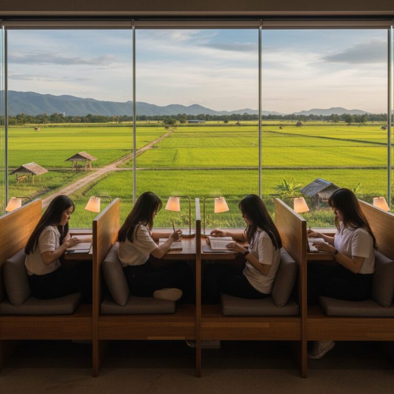 치앙마이대학교 블루커피 내부 독서실형 좌석과 창밖 논밭 풍경