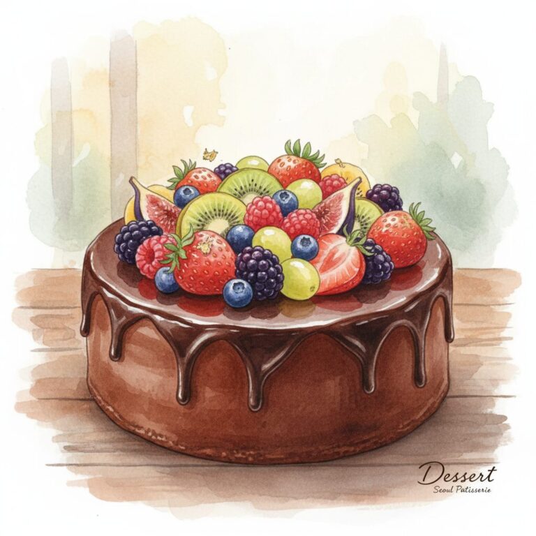 진한 초콜릿 글레이즈가 발린 케이크와 다양한 과일 장식이 얹혀 있는 수채화 일러스트