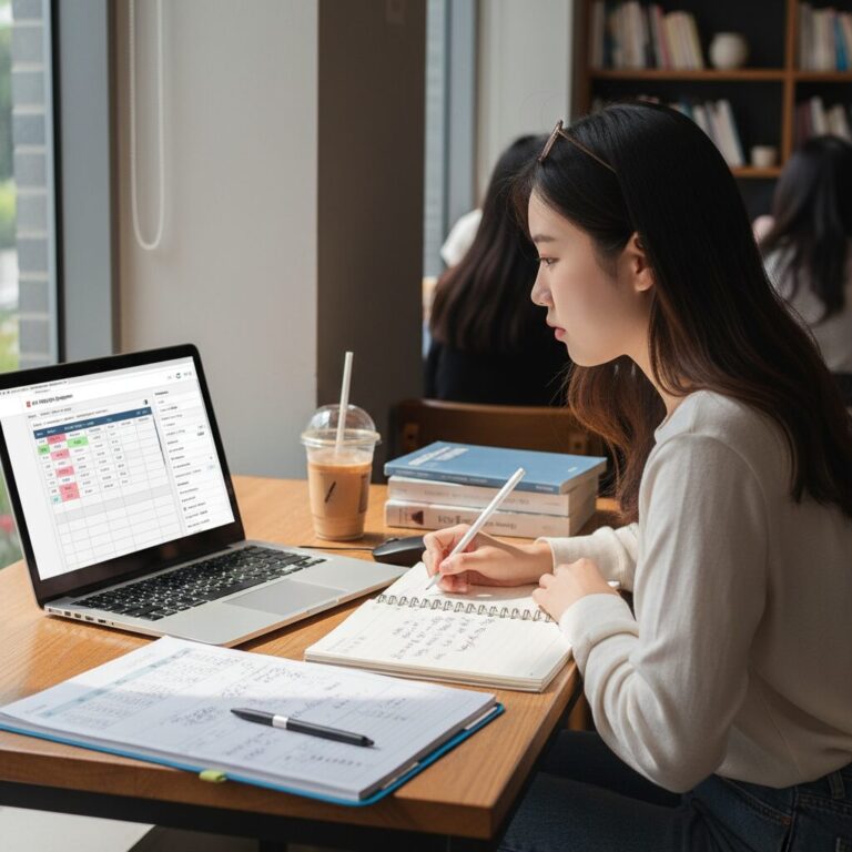 수강신청을 위해 노트북으로 강의계획서와 시간표를 확인하는 모습