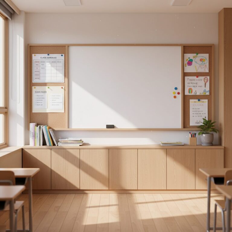 정리된 교실 앞판에 시간표와 학급 규칙이 게시되어 있고 자석 화이트보드가 부착된 모습