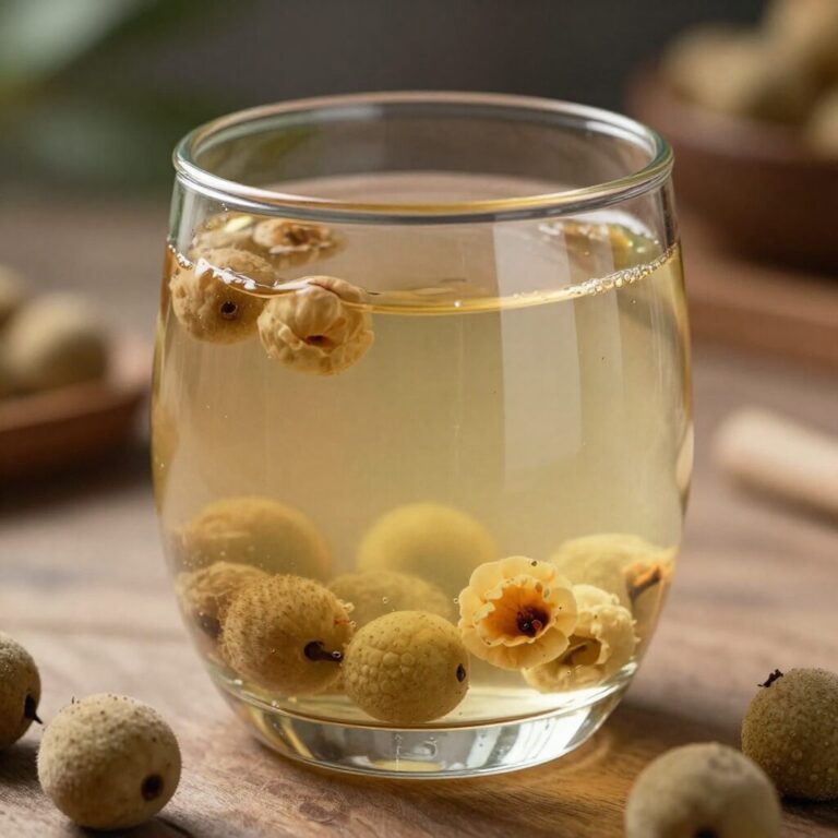 산수유 열매와 차 형태의 산수유 음료가 담긴 유리잔