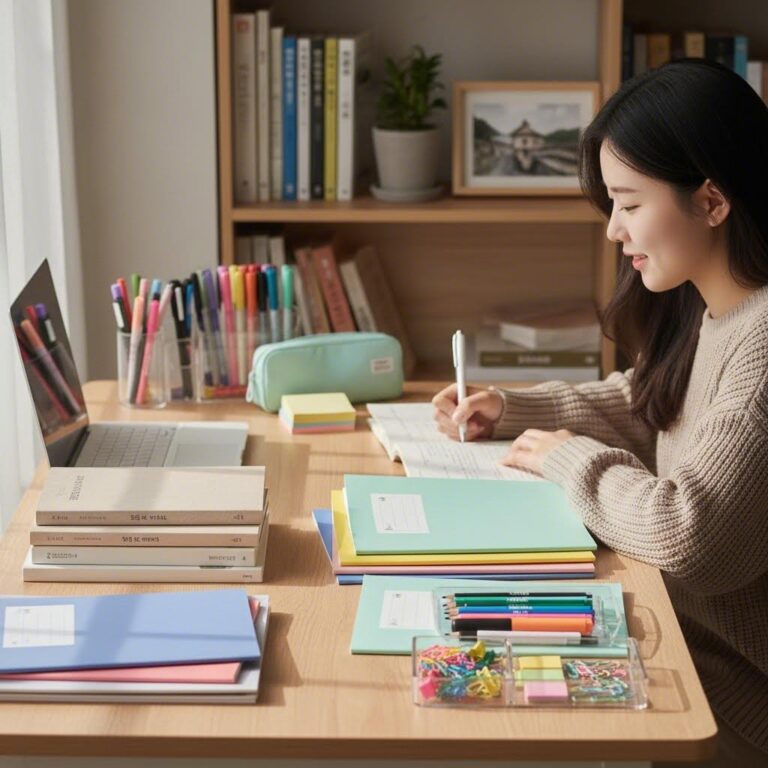 다이소 학습용품 정리 사진, 다양한 색상의 노트와 필기구가 깔끔하게 정리된 책상