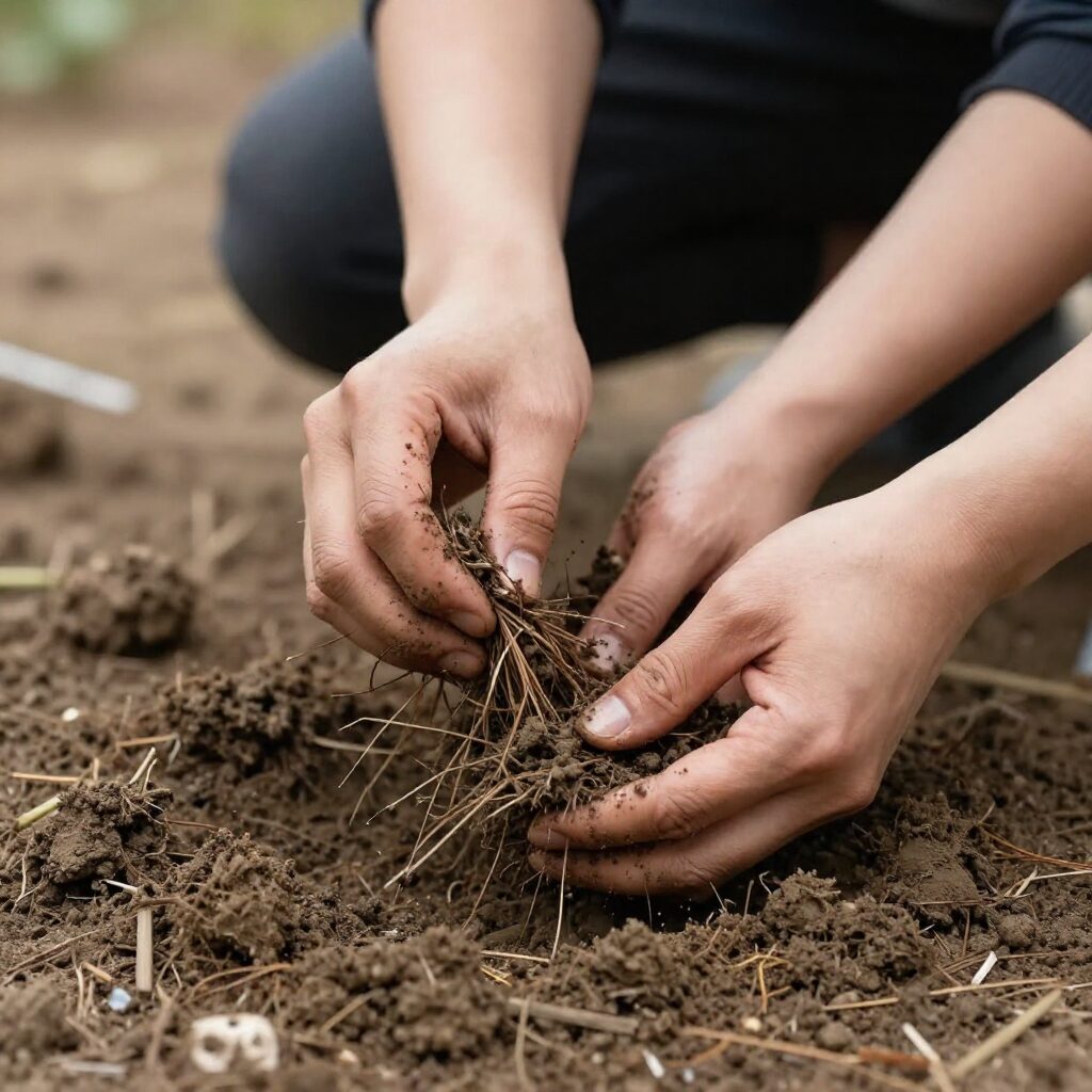 달래 손질 과정 사진, 흙을 털어내고 뿌리를 정리하는 모습