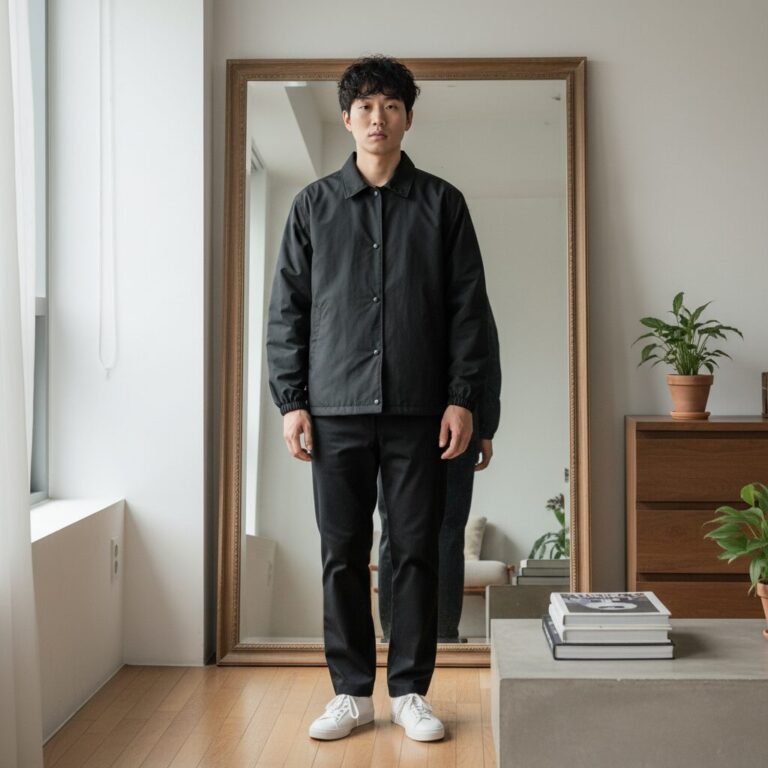 검정색 단톤 코치 자켓을 입은 사람이 거울 앞에 서 있는 모습