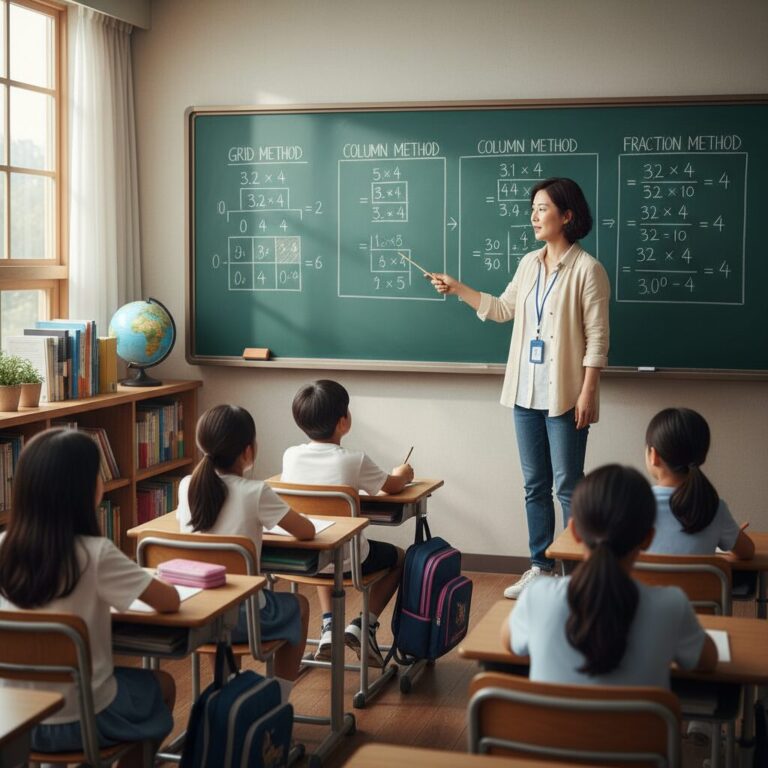 소수와 자연수의 곱셈을 설명하는 다양한 계산 방법 도표