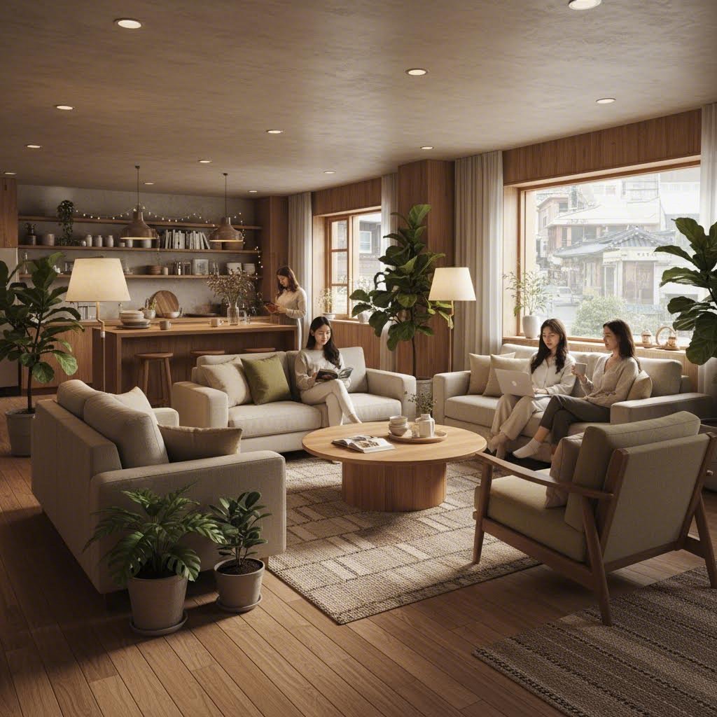 동거동락 동덕여대점 넓고 따뜻한 우드톤 공용 라운지 거실