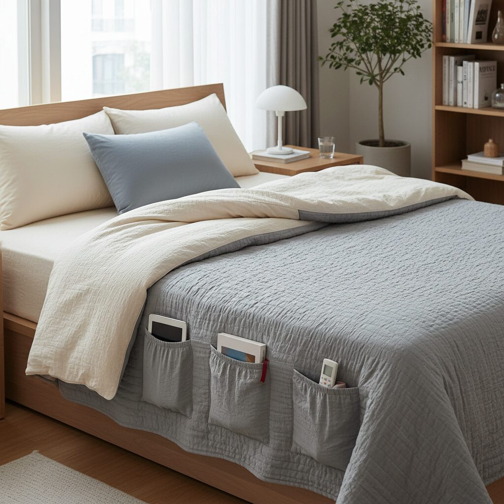 침대 위에 포켓 주머니가 달린 침대패드와 이불 베개가 정리된 모습