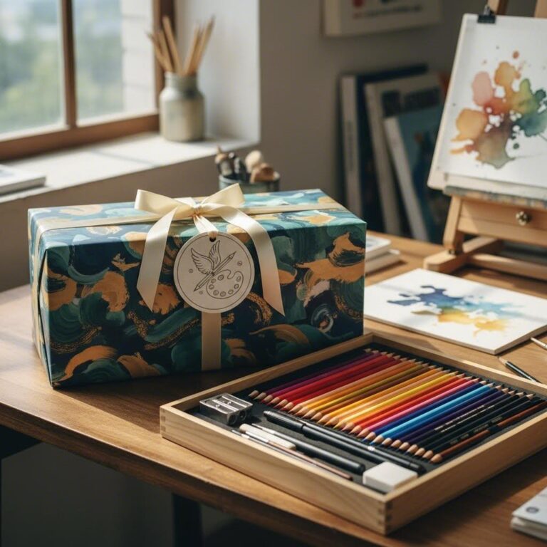 선물 포장된 드림아트 미술 세트 상자, 색연필과 도구들이 정리되어 있다
