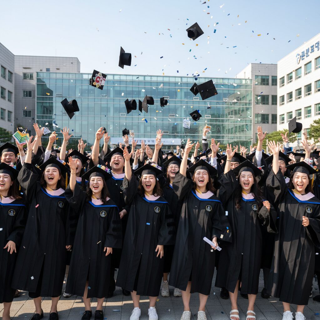 대구과학대학교 학위수여식에서 졸업생들이 모자 장식을 하고 환호하는 모습