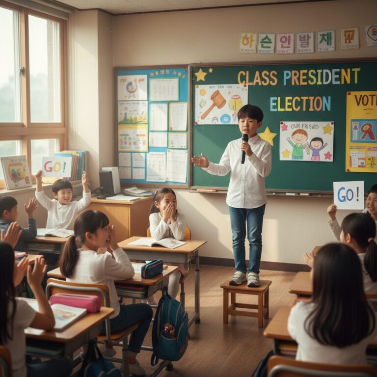 초등학교 교실에서 반장 선거 후보가 연설을 하고 있는 모습