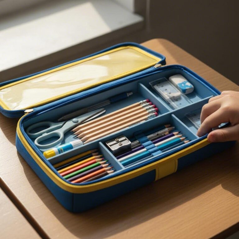 구획이 나뉜 초등학생 필통 속에 연필과 학용품이 정리된 모습