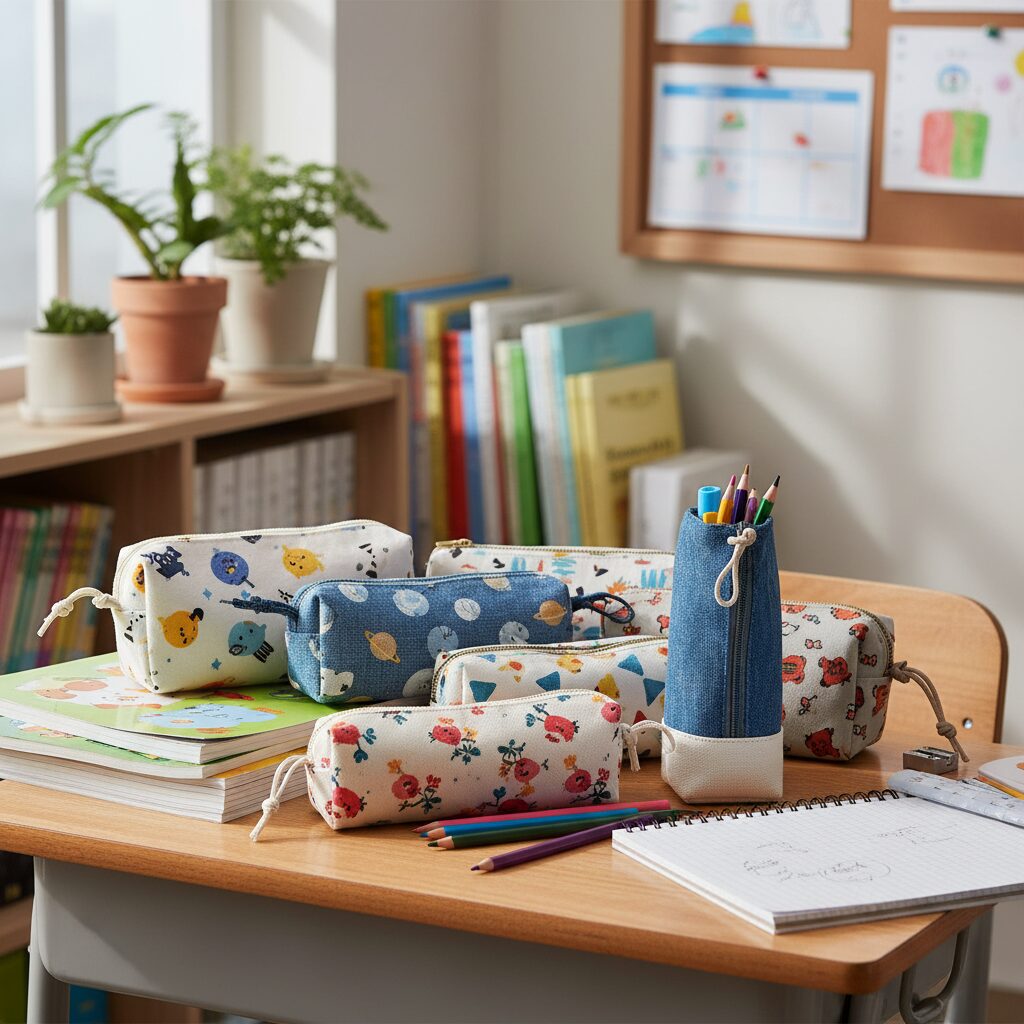 초등학생이 사용하는 다양한 디자인의 패브릭 천 필통들이 책상 위에 놓여 있음