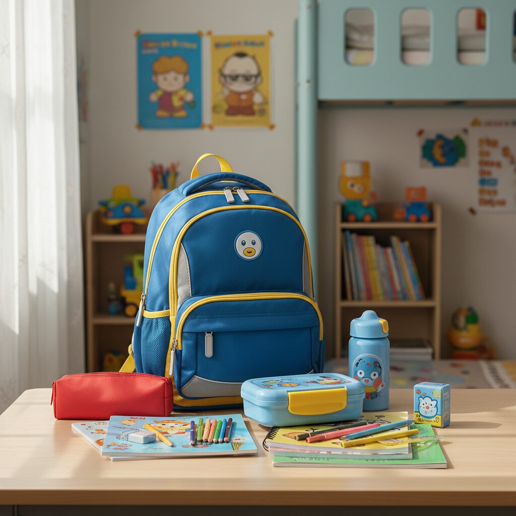 초등학교 입학을 위한 책가방과 학용품들이 정리된 사진