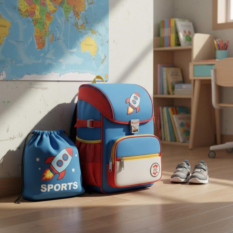 초등학생 책가방과 신발주머니 세트가 놓인 사진