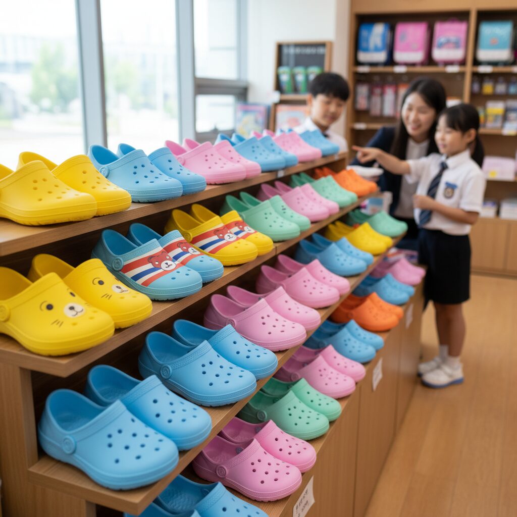 여러 색상과 디자인의 EVA 소재 초등학생 실내화가 진열되어 있는 모습