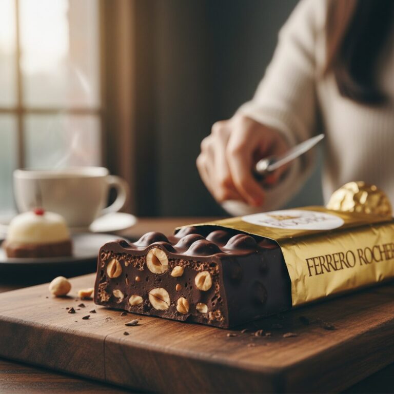 페레로로쉐 다크 초콜릿 바의 두툼한 단면과 황금색 포장지