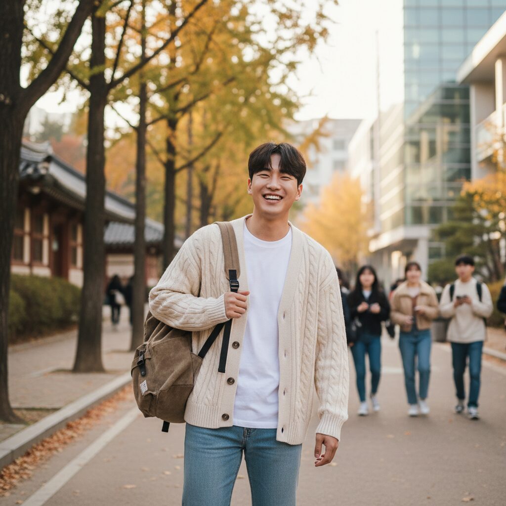 청바지와 니트 가디건을 레이어드한 깔끔한 캐주얼 복장의 대학생이 캠퍼스에서 웃고 있는 모습