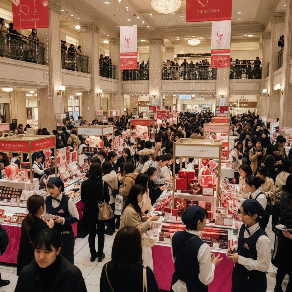 도쿄 긴자 미츠코시 백화점 발렌타인데이 이벤트 현장 인산인해