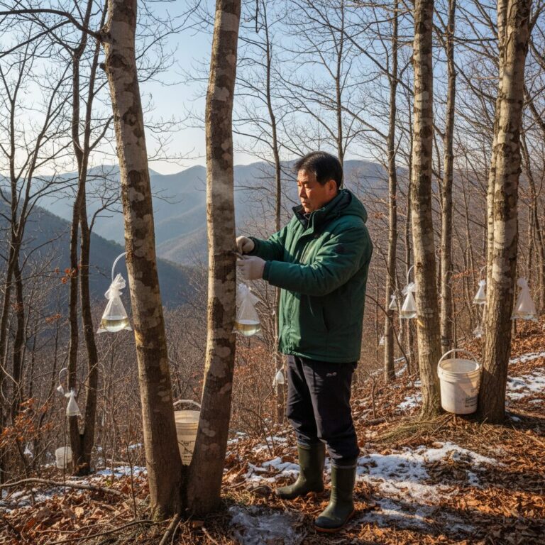 산속 고로쇠나무에서 수액을 채취하는 모습