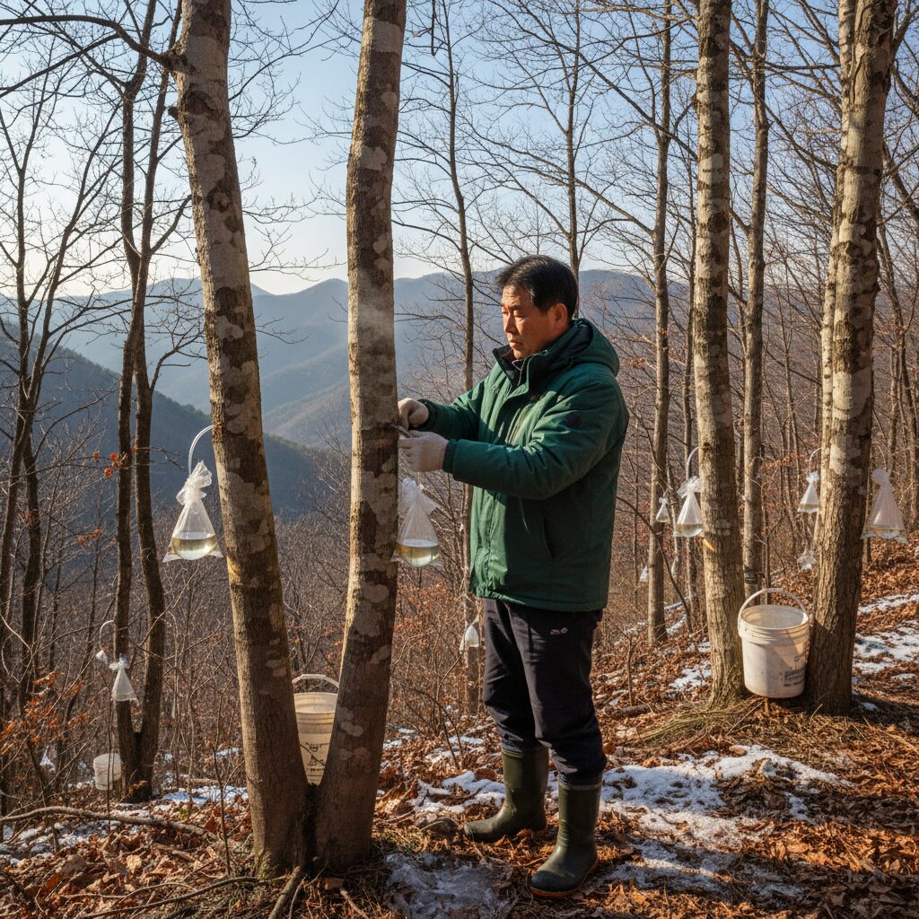 산속 고로쇠나무에서 수액을 채취하는 모습