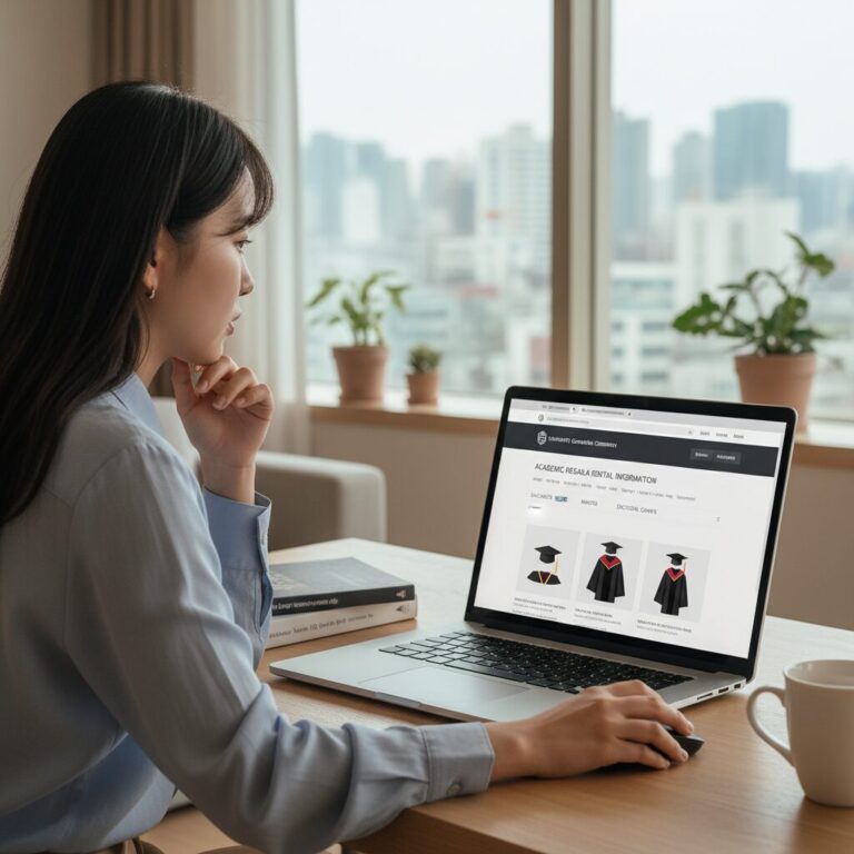 학교 졸업식 홈페이지에서 학위복 대여 정보를 확인하는 모습