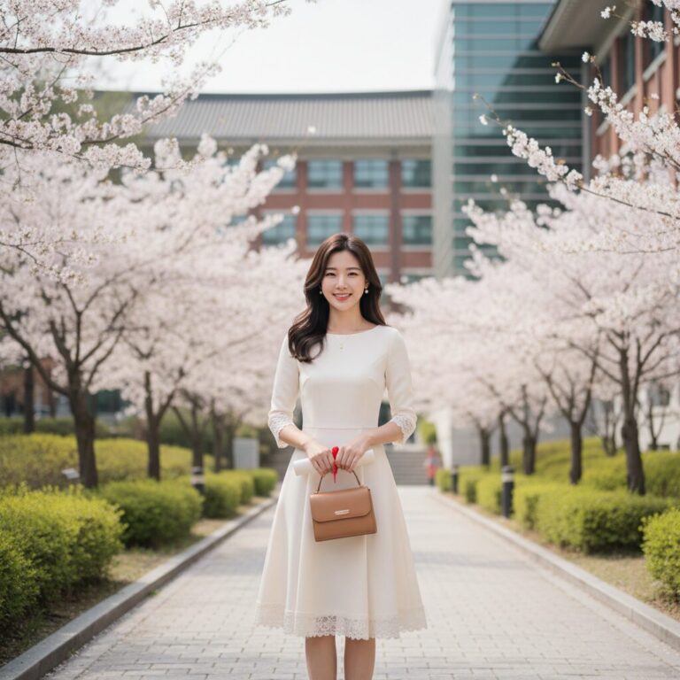 졸업식에 입기 좋은 단정한 아이보리색 원피스를 입은 여성