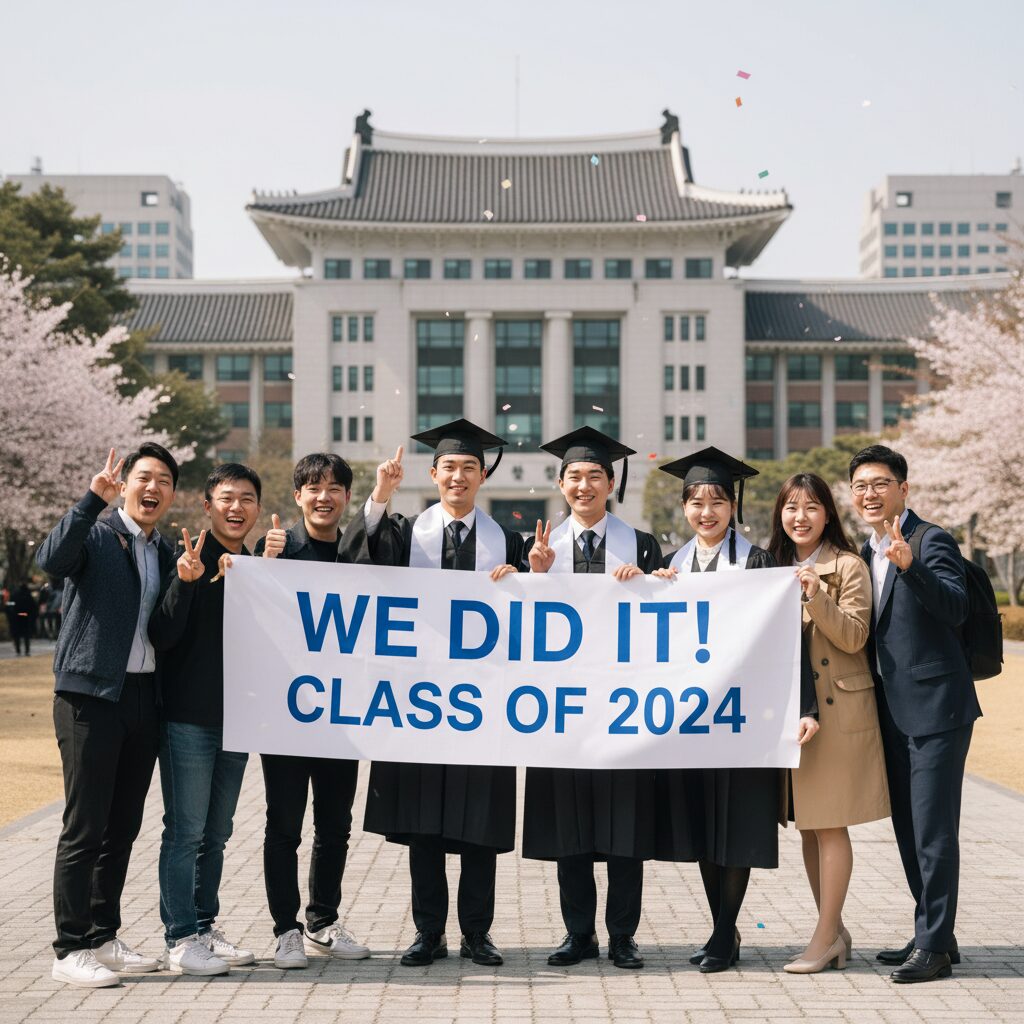 졸업식 현수막을 들고 찍은 졸업생들과 친구들의 단체 사진