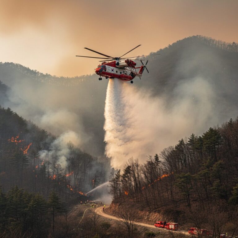 함양 산불 진화 작업 중인 소방헬기가 산림 위로 물을 뿌리는 모습