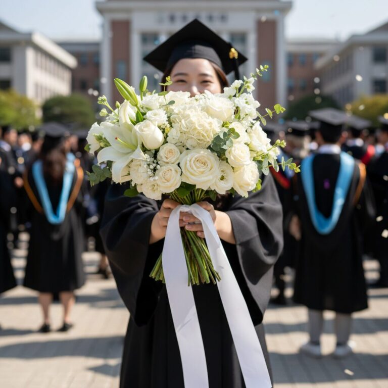 한양대 졸업식에서 들고 있는 화이트톤 꽃다발