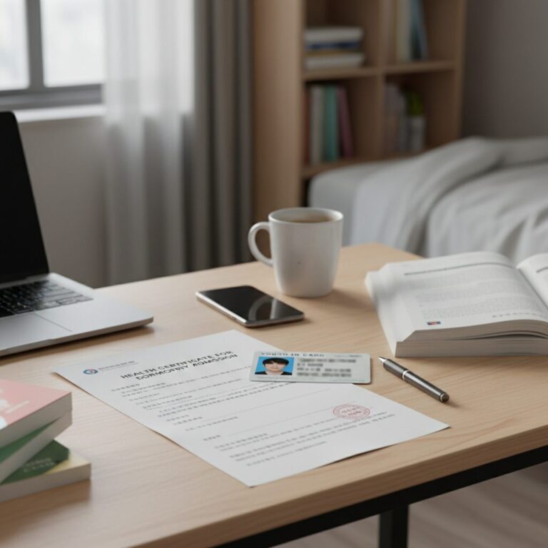 기숙사 입소용 건강진단서와 청소년증 놓여있는 책상