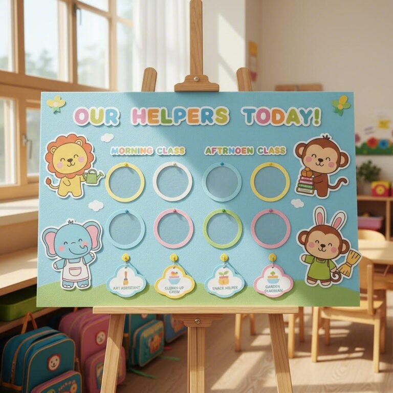 귀여운 캐릭터가 그려진 유치원 도우미판 도안 예시