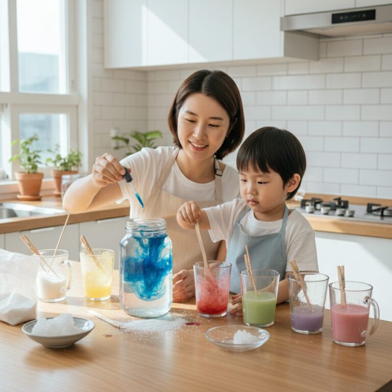 아이와 함께 유리컵에 색소를 섞어 락캔디 용액을 만드는 모습