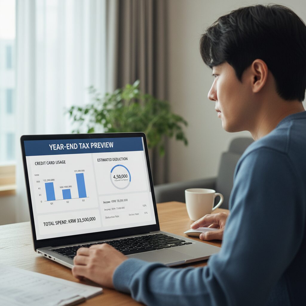 홈택스 연말정산 미리보기 서비스 화면 예시로 카드사용액과 공제 예상액이 표시된 모습