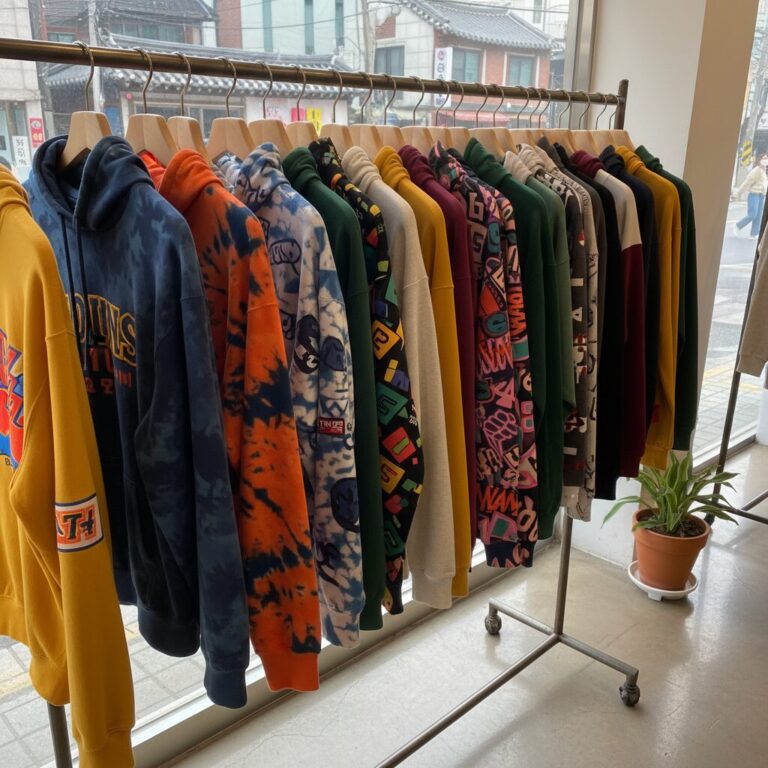 다양한 색상과 디자인이 적용된 후드티가 줄지어 걸려있는 모습