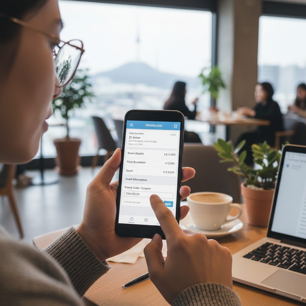 호텔스닷컴 결제 페이지에서 쿠폰 입력창에 할인코드를 적용하는 모습