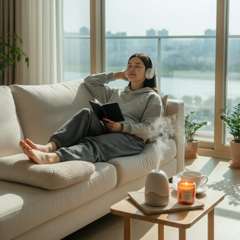 집에서 향영 콘텐츠를 즐기며 휴식하는 모습