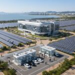 현대차 새만금 투자 계획을 상징하는 AI 데이터센터와 태양광 패널, 수소 충전소가 함께 있는 미래 도시 컨셉 이미지