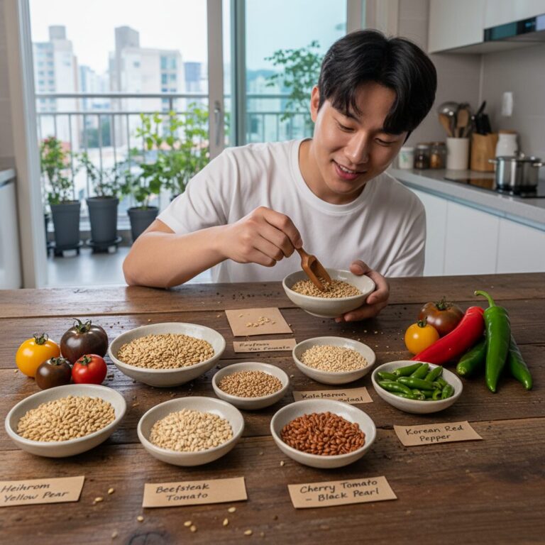 다양한 색상과 모양의 토마토와 고추 종자가 테이블 위에 진열된 모습