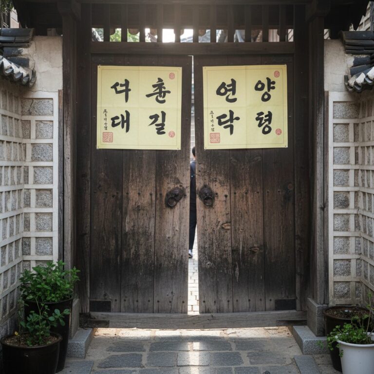 한국 전통 대문에 붙여진 입춘대길 건양다경 글씨