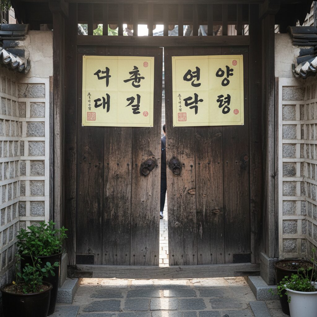 한국 전통 대문에 붙여진 입춘대길 건양다경 글씨