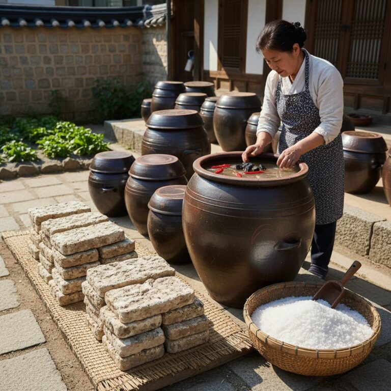 장 담그기 준비된 메주와 항아리 및 소금물 사진