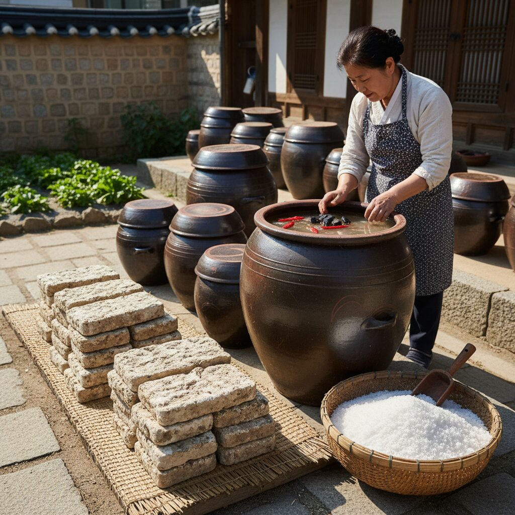 장 담그기 준비된 메주와 항아리 및 소금물 사진