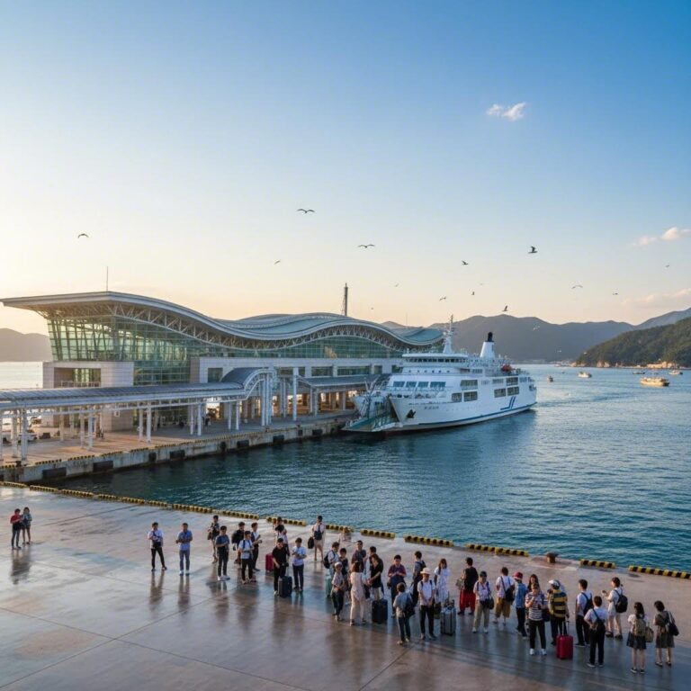 통영유람선터미널 건물과 출발을 기다리는 유람선의 모습