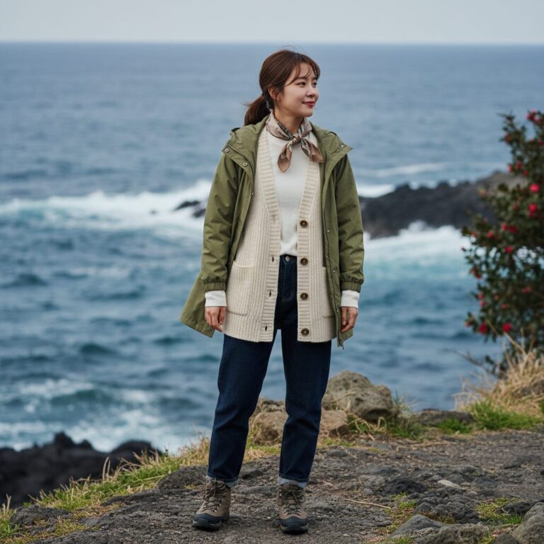 3월 제주도 여행을 위한 레이어링 옷차림 예시, 가디건과 바람막이를 겹쳐 입은 모습
