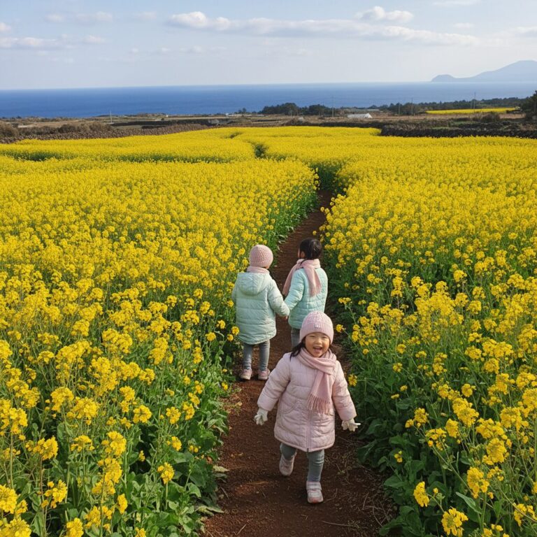 제주도 2월 유채꽃밭과 아이들이 걸어가는 모습