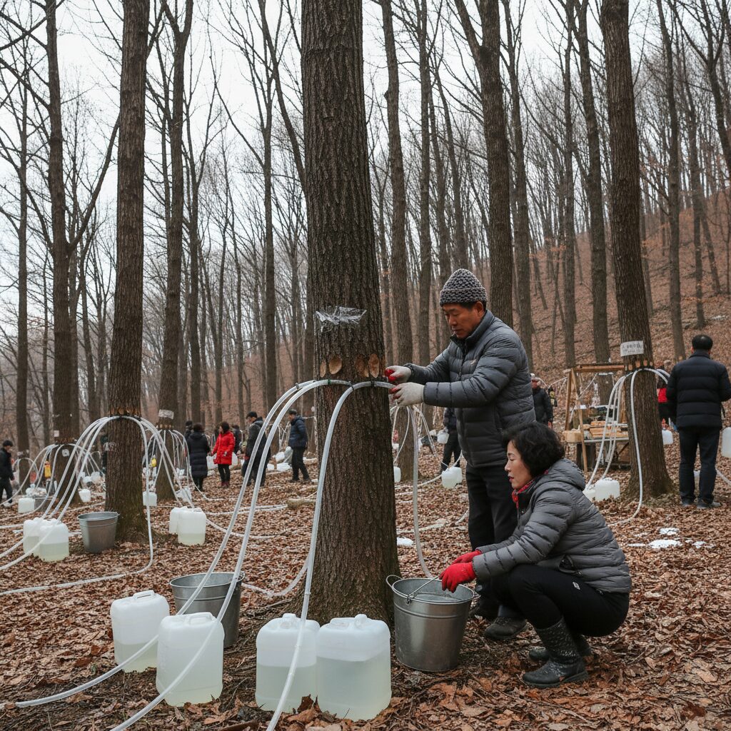 진안 고로쇠축제에서 나무에 연결된 호스를 통해 수액을 채취하는 모습
