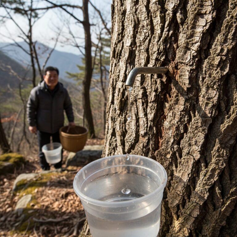 지리산 고로쇠나무에서 수액이 떨어지는 모습