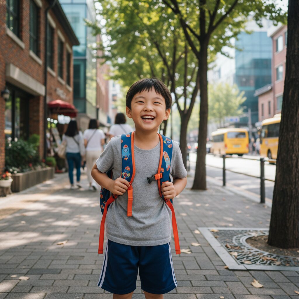 편안한 티셔츠와 반바지를 입고 학교 가방을 멘 아이가 웃고 있는 모습